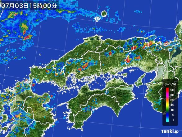 中国地方の雨雲レーダー(2016年07月03日)