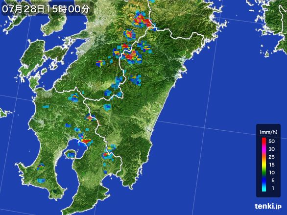 宮崎県の雨雲レーダー(2016年07月28日)