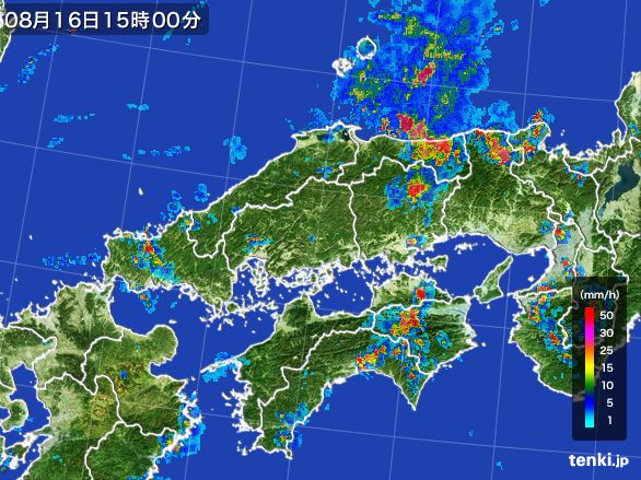 中国地方の雨雲レーダー(2016年08月16日)