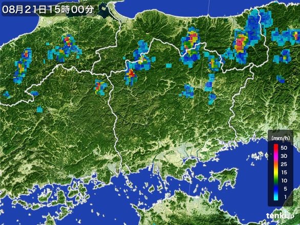 岡山県の雨雲レーダー(2016年08月21日)