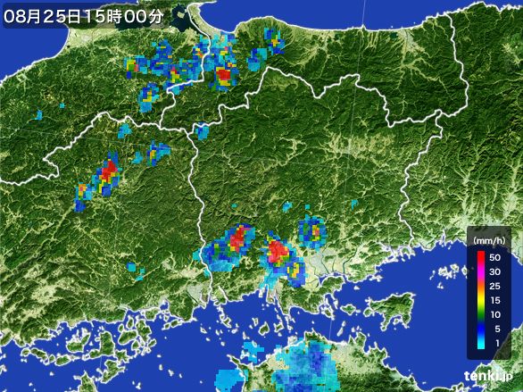 岡山県の雨雲レーダー(2016年08月25日)