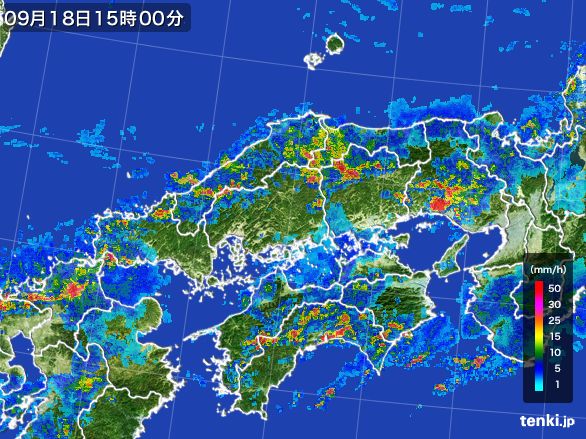 中国地方の雨雲レーダー(2016年09月18日)