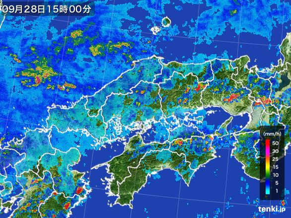 中国地方の雨雲レーダー(2016年09月28日)