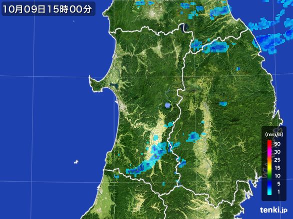 秋田県の雨雲レーダー(2016年10月09日)