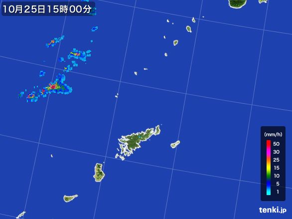奄美諸島(鹿児島県)の雨雲レーダー(2016年10月25日)