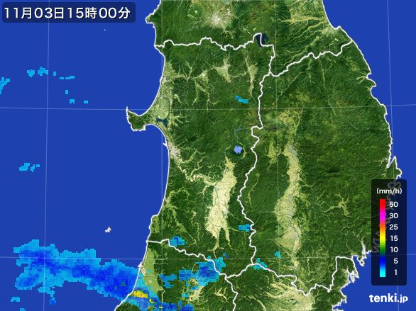 秋田県の雨雲レーダー(2016年11月03日)