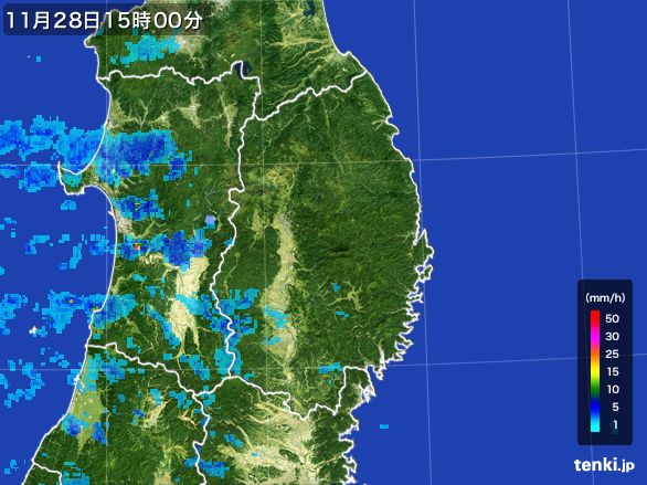 岩手県の雨雲レーダー(2016年11月28日)