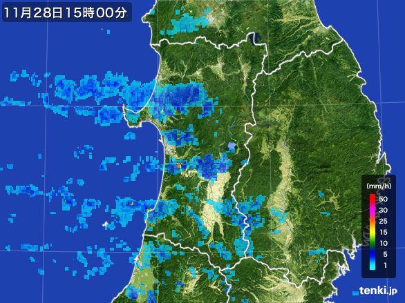 秋田県の雨雲レーダー(2016年11月28日)