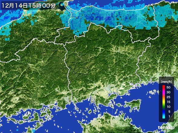 岡山県の雨雲レーダー(2016年12月14日)