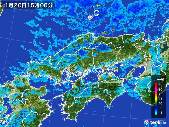 中国地方の雨雲レーダー(2017年01月20日)