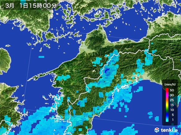 愛媛県の雨雲レーダー(2017年03月01日)