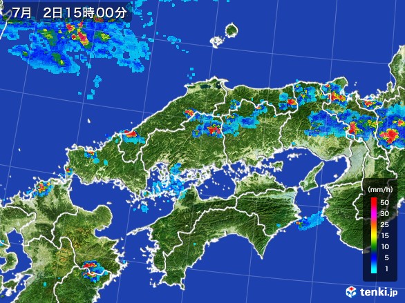 中国地方の雨雲レーダー(2017年07月02日)