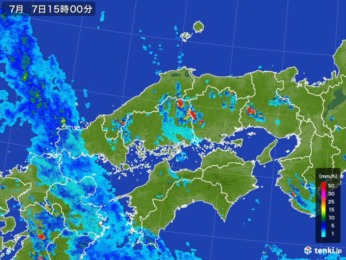 中国地方の雨雲レーダー(2017年07月07日)