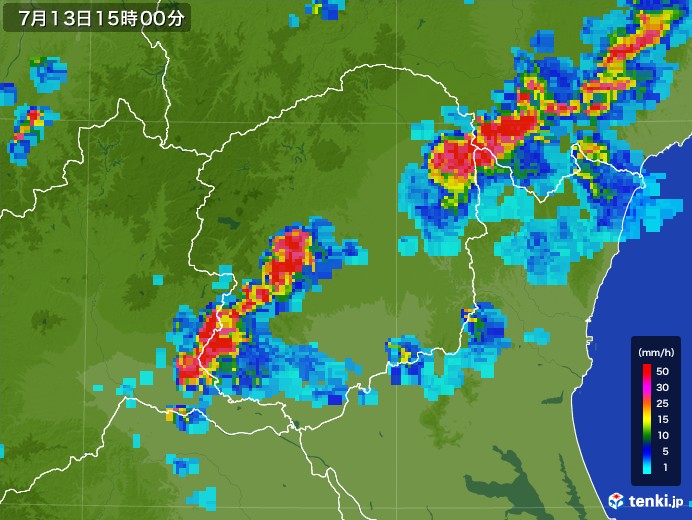 栃木県の雨雲レーダー(2017年07月13日)