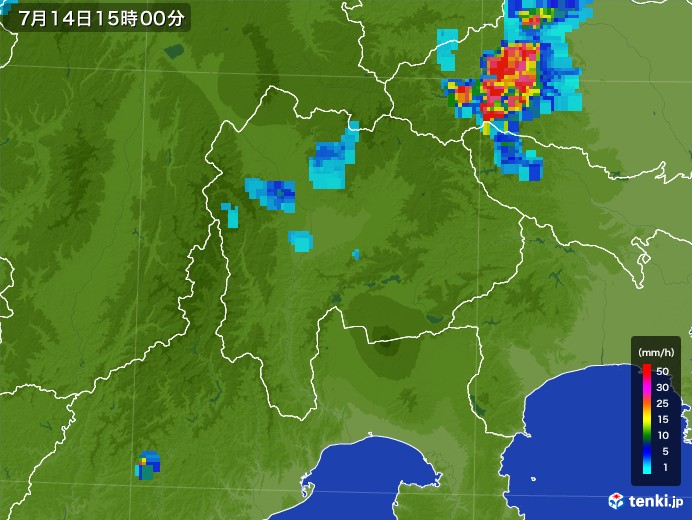 山梨県の雨雲レーダー(2017年07月14日)