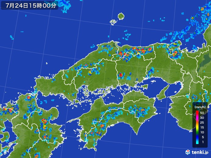 中国地方の雨雲レーダー(2017年07月24日)