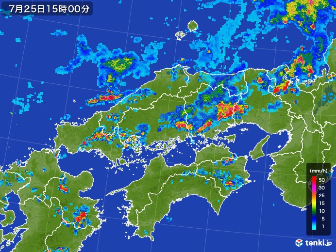 中国地方の雨雲レーダー(2017年07月25日)