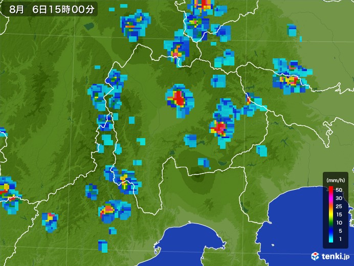 山梨県の雨雲レーダー(2017年08月06日)