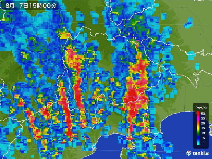 山梨県の雨雲レーダー(2017年08月07日)