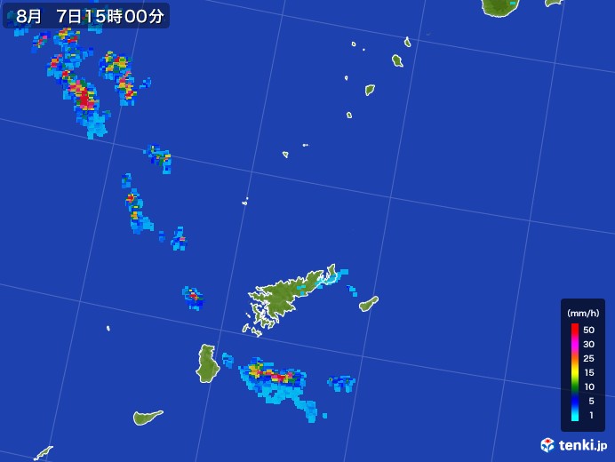 奄美諸島(鹿児島県)の雨雲レーダー(2017年08月07日)