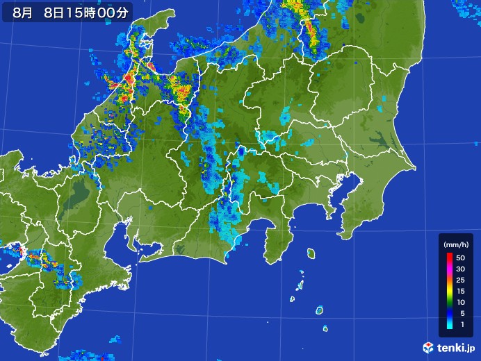 関東・甲信地方の雨雲レーダー(2017年08月08日)