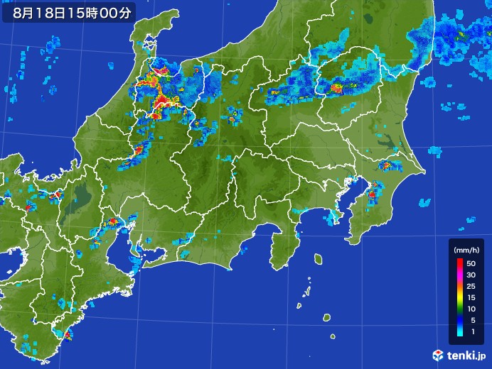 関東・甲信地方の雨雲レーダー(2017年08月18日)