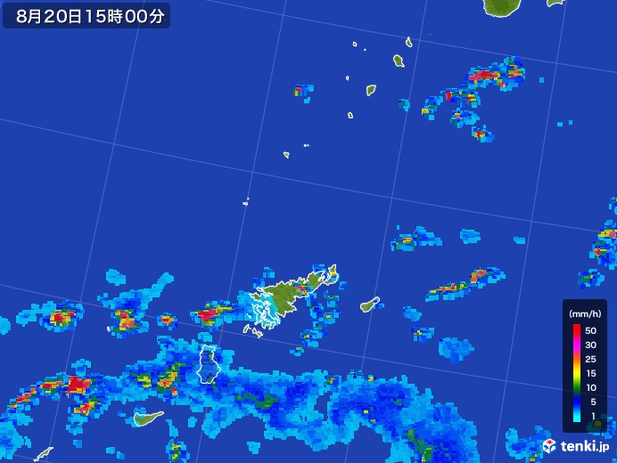 奄美諸島(鹿児島県)の雨雲レーダー(2017年08月20日)
