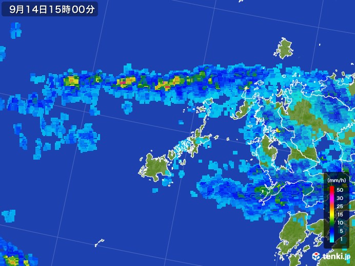 五島列島(長崎県)の雨雲レーダー(2017年09月14日)
