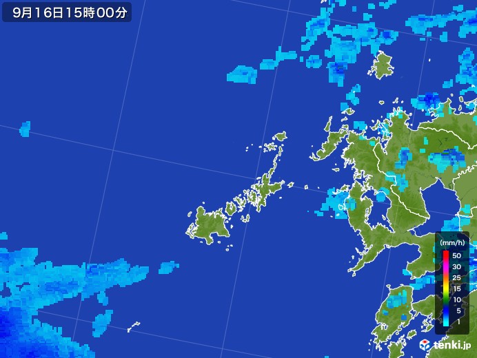 五島列島(長崎県)の雨雲レーダー(2017年09月16日)