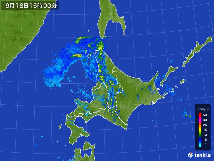 北海道地方の雨雲レーダー(2017年09月18日)
