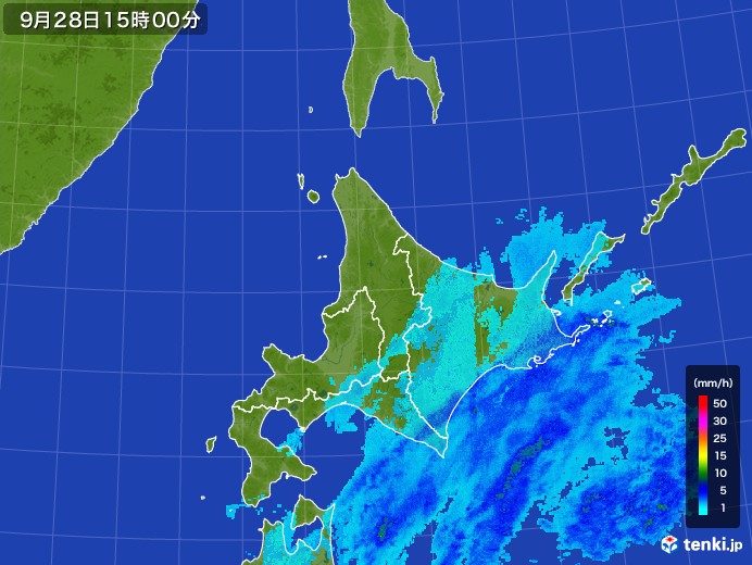北海道地方の雨雲レーダー(2017年09月28日)