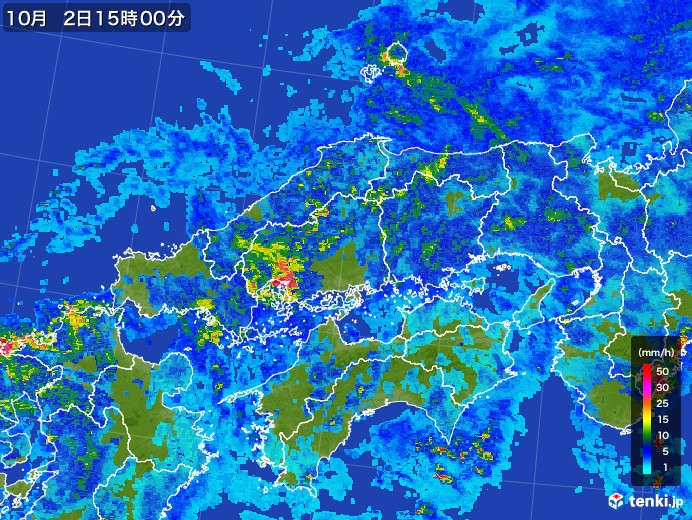 中国地方の雨雲レーダー(2017年10月02日)