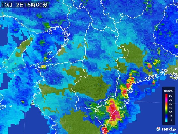 奈良県の雨雲レーダー(2017年10月02日)