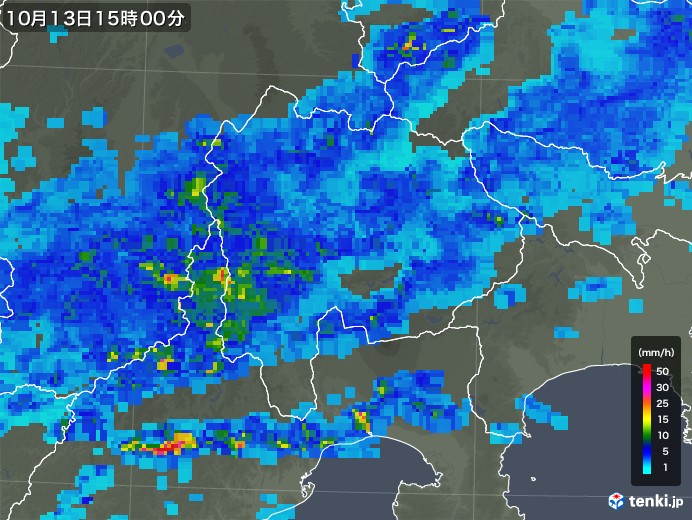山梨県の雨雲レーダー(2017年10月13日)