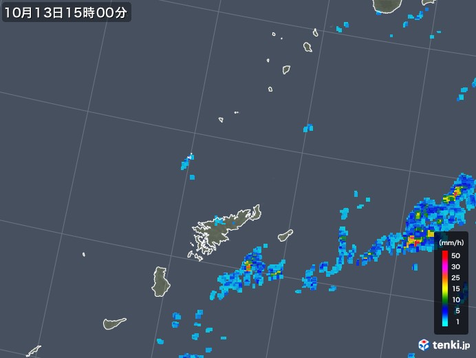 奄美諸島(鹿児島県)の雨雲レーダー(2017年10月13日)
