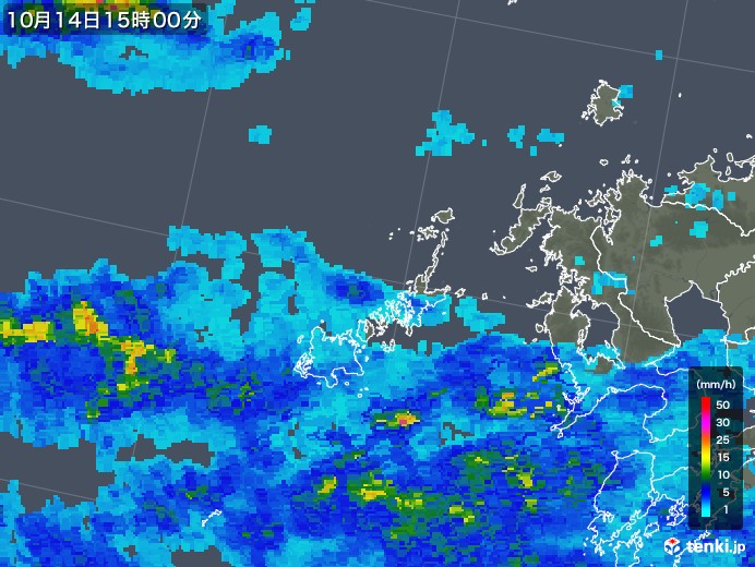 五島列島(長崎県)の雨雲レーダー(2017年10月14日)
