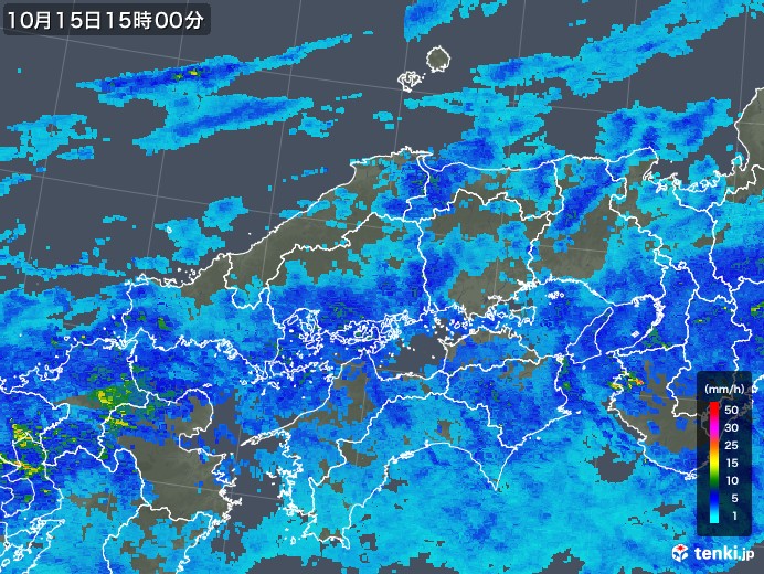 中国地方の雨雲レーダー(2017年10月15日)