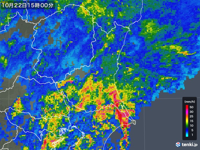 茨城県の雨雲レーダー(2017年10月22日)