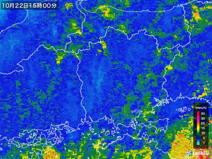 岡山県の雨雲レーダー(2017年10月22日)