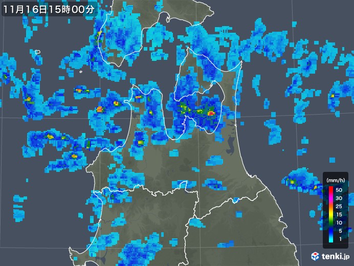 青森県の雨雲レーダー(2017年11月16日)