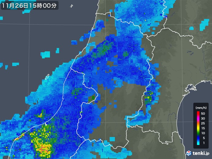 山形県の雨雲レーダー(2017年11月26日)