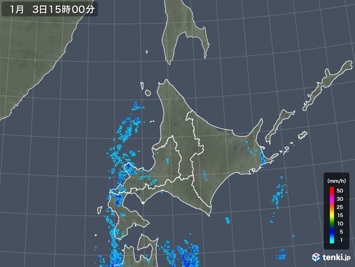 北海道地方の雨雲レーダー(2018年01月03日)