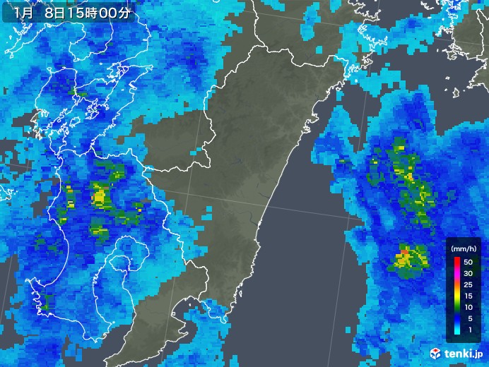 宮崎県の雨雲レーダー(2018年01月08日)