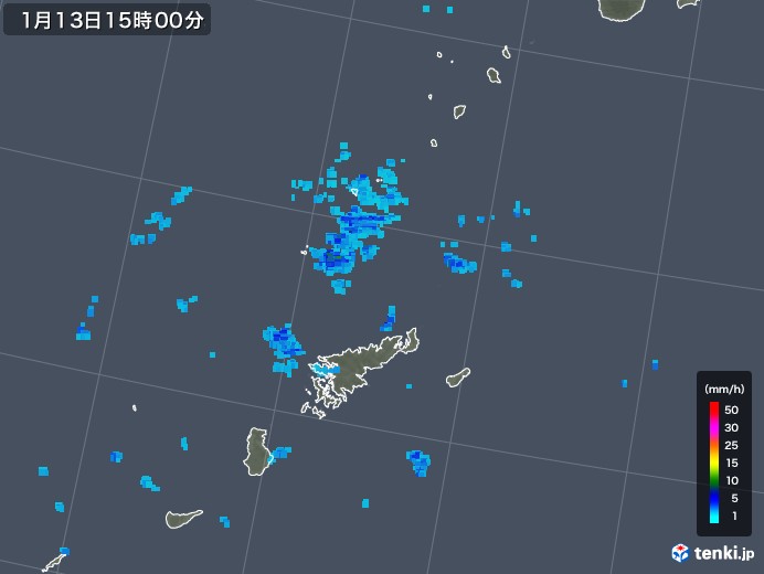奄美諸島(鹿児島県)の雨雲レーダー(2018年01月13日)