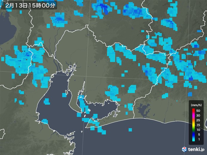 愛知県の雨雲レーダー(2018年02月13日)