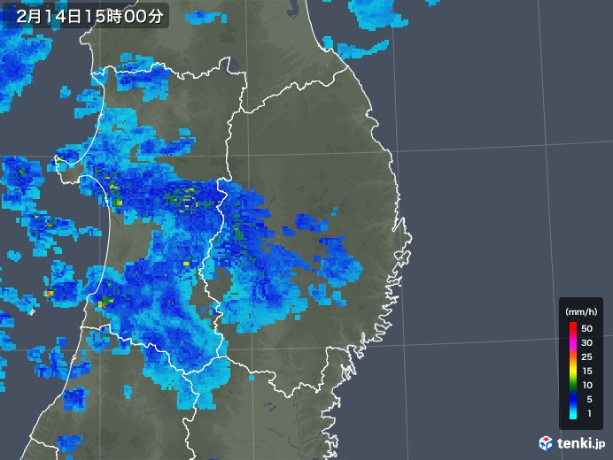 岩手県の雨雲レーダー(2018年02月14日)