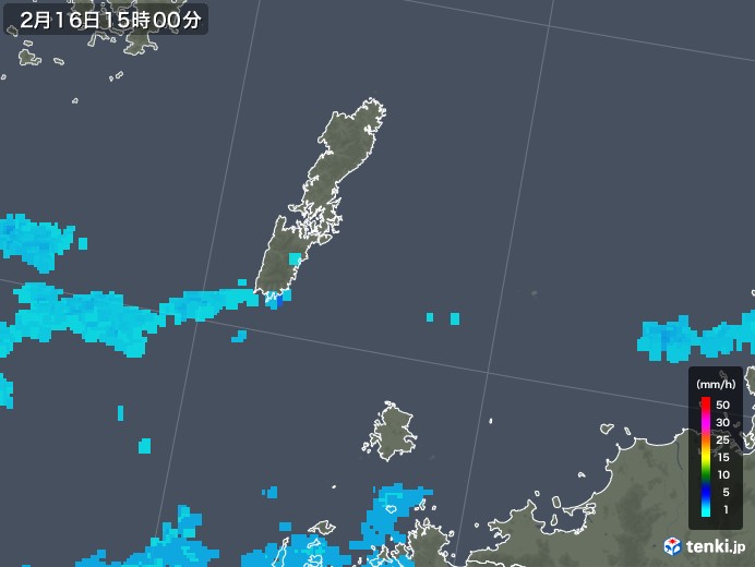壱岐・対馬(長崎県)の雨雲レーダー(2018年02月16日)