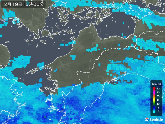 愛媛県の雨雲レーダー(2018年02月19日)