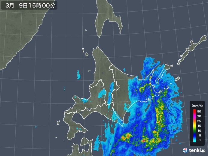 北海道地方の雨雲レーダー(2018年03月09日)