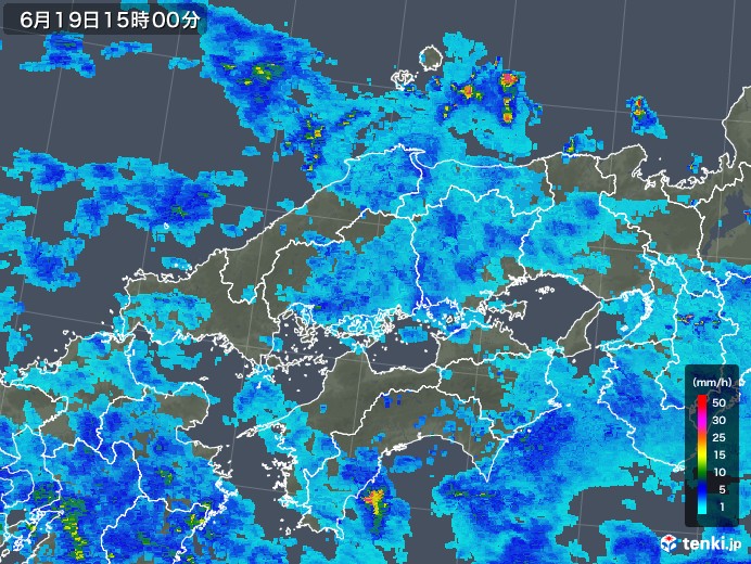 中国地方の雨雲レーダー(2018年06月19日)